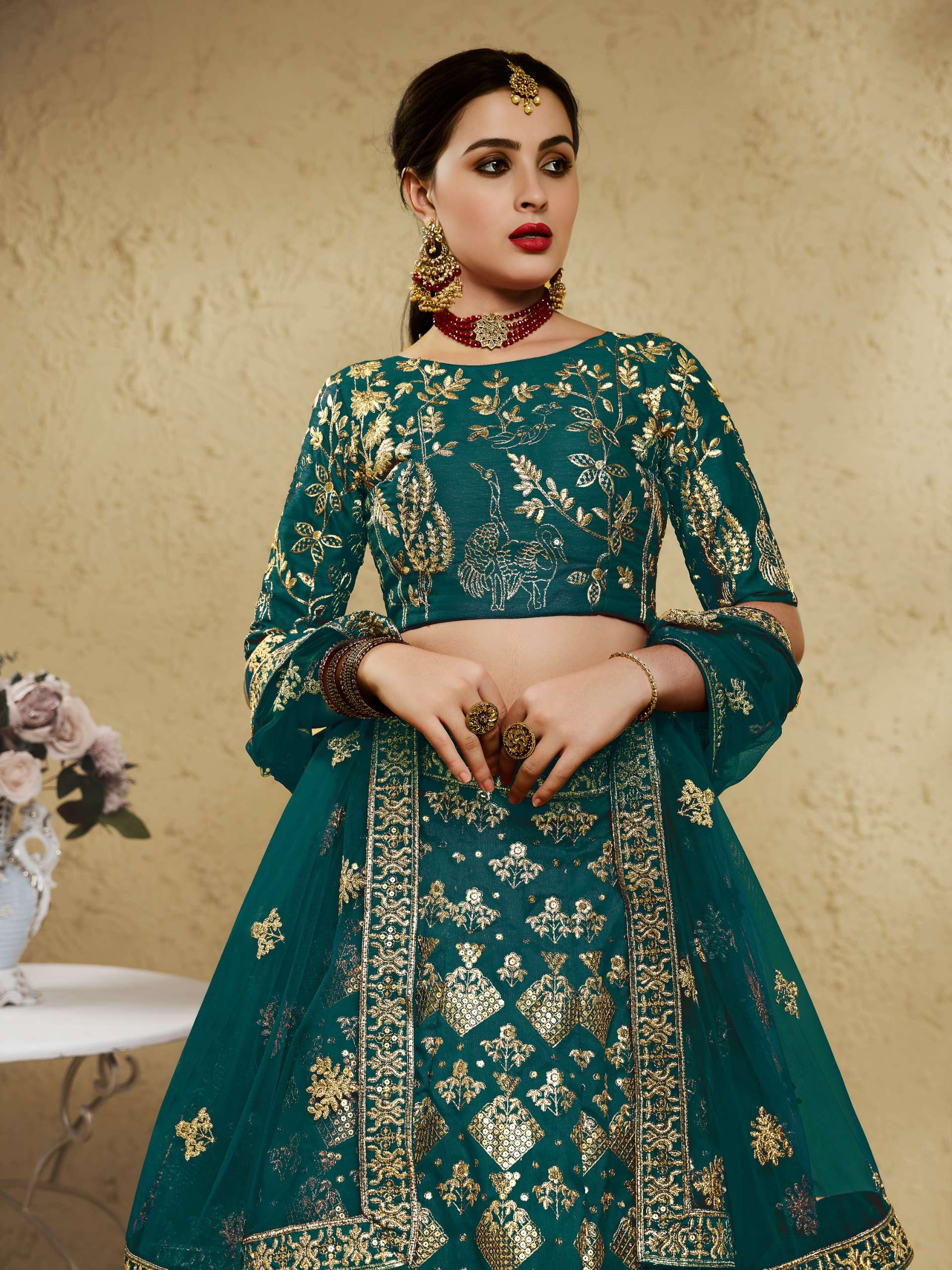  Emerald Colour with fancy Heritage Embroidered work on art silk fabric Lehenga Choli 7055 Green